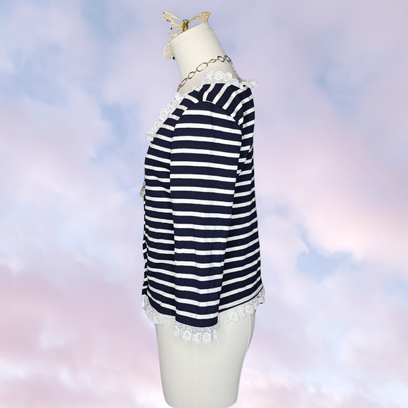 For Love & Lemons Suzette Dark Blue White Stripe Whimsi Button up Lace Top Sz S - Picture 2 of 4